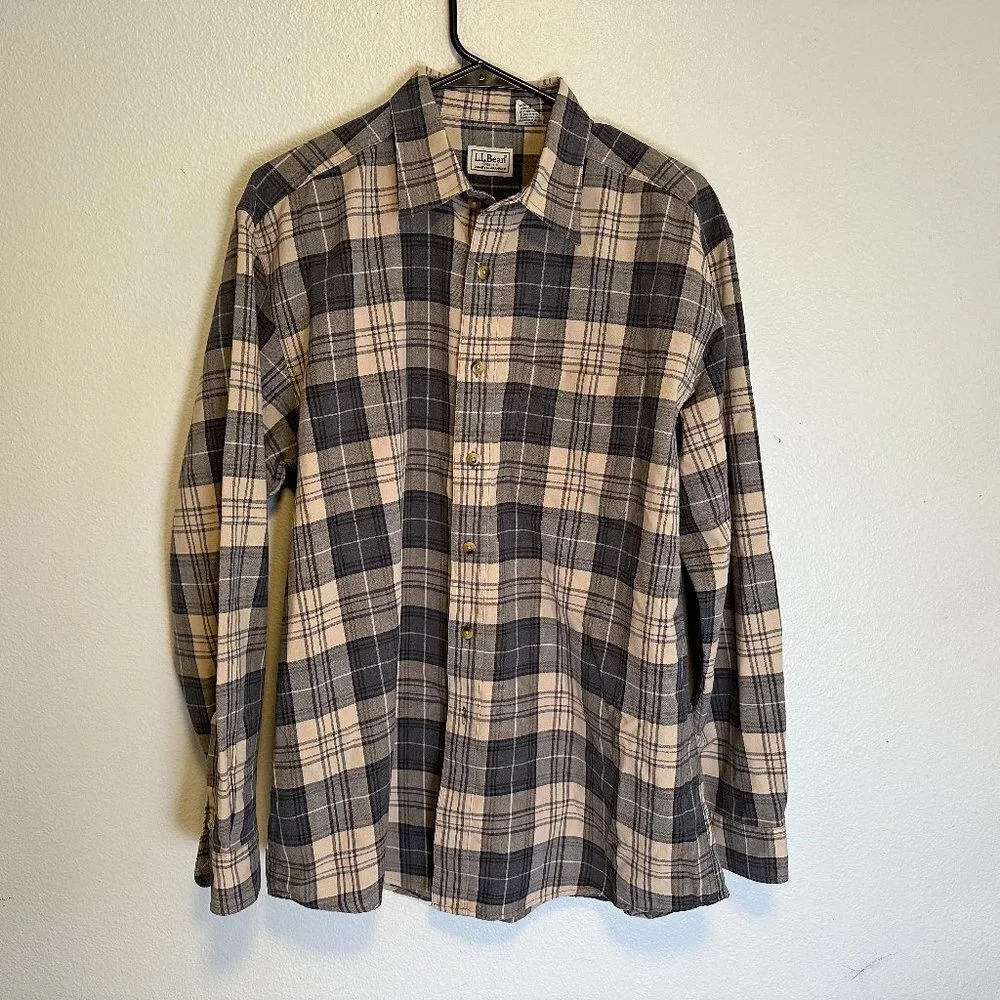 LL Bean Tan & Grey 100% Cotton Plaid Shirt Size Medium Excellent Condition